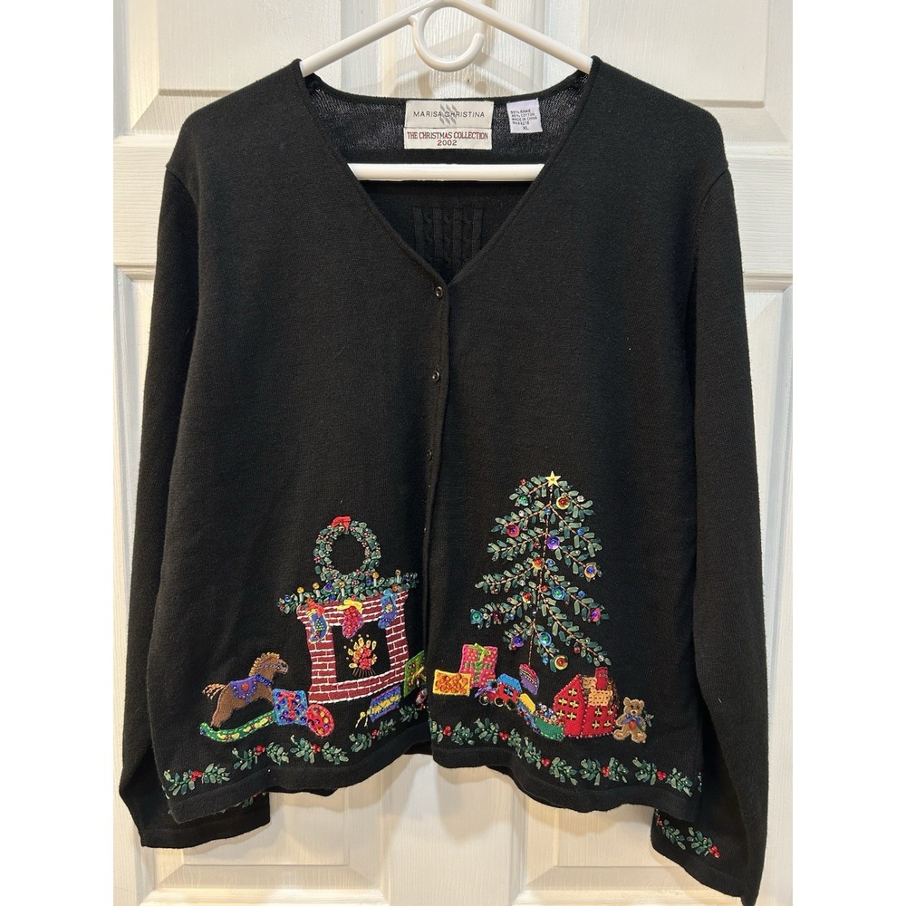 VTG Marisa Christina Christmas Collection 2002 Sweater Sz XL Toys Tree Fireplace